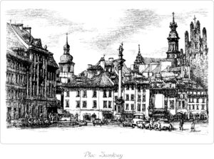 Warszawa piórkiem i pecetem Jacka Kilińskiego - podpisane przez autora grafiki formatu A3