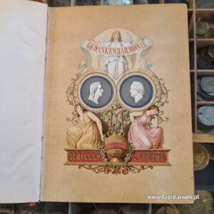 XIX-wieczna książka o Goethe i Schillerze w ozdobnej okładce z medalionem, otwarta na stronie z ilustracją.