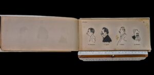 Strona tytułowa lub przykładowa strona albumu z karykaturami postaci II RP autorstwa Jerzego Szwajcera