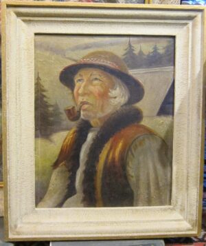 Obraz olejny na płótnie przedstawiający bacę, polskiego pasterza owiec, w stylu ludowym z XX wieku.