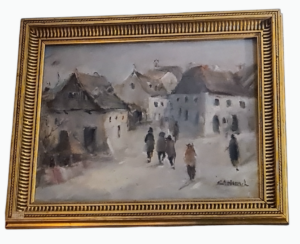 Obraz olejny przedstawiający widok rynku w Kazimierzu Dolnym nad Wisłą, namalowany przez artystę Stelmacha, w drewnianej ramie.