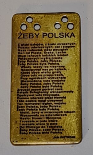 Mosiężna plakietka patriotyczna z wyrytym wierszem Żeby Polska była Polską, Pracownia Kilińskiego ok. 1980 rok