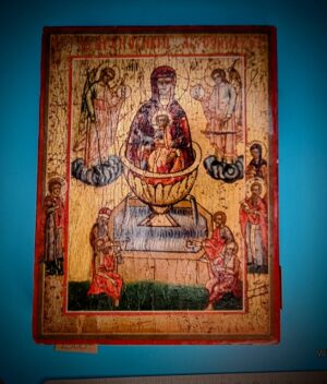 Prawosławna ikona Matki Boskiej z XIX wieku, Rosja, rzadkie przedstawienie na desce