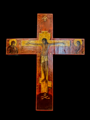 Prawosławny krzyż ikonowy z Rosji z XIX wieku, malowany temperą na drewnie, wymiary 25 na 30 centymetrów