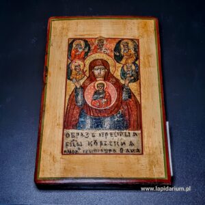 XIX-wieczna rosyjska ikona prawosławna z wizerunkiem Matki Boskiej typu Ornatka (Kurska a) namalowana temperą na drewnianej desce