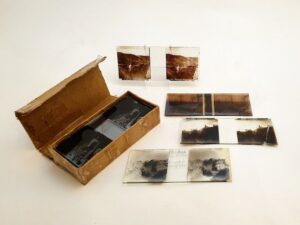 Zestaw 21 szklanych przezroczy stereoskopowych 3D z czasów I wojny światowej na tle