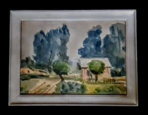 Akwarela nieznanego autora oprawiona w ciemną drewnianą ramę pod szkłem, format A3