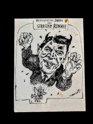 Oryginalny rysunek satyryczny Andrzeja Czeczota zatytułowany Regan diaboliczny