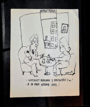 Oryginalny rysunek satyryczny autorstwa Andrzeja Czeczota z cyklu Polaków rozmowy