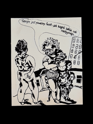 Oryginalny rysunek satyryczny Andrzeja Czeczota zatytułowany Z życia USA