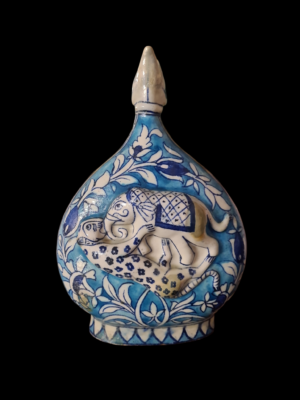 Antyczna niebieska ceramiczna butla pielgrzyma z Indii z XIX wieku, technika Jaipur Multan