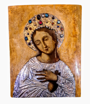 Duża polska ikona z XIX wieku, tempera na desce, w stylu włoskiego renesansu, widoczna patyna i spęcherzenia.