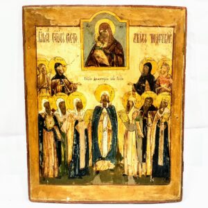 Duża, oryginalna ikona rosyjska z przedstawieniem świętych, drewniana, w dobrym stanie zachowania.