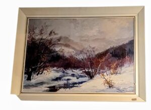 Duży obraz olejny w ramie przedstawiający malowniczy pejzaż górski, antyk malarski.