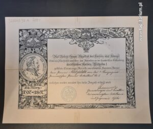 Oryginalny dyplom nadania medalu pamiątkowego z 1897 roku z okazji 100-lecia urodzin Cesarza Wilhelma I