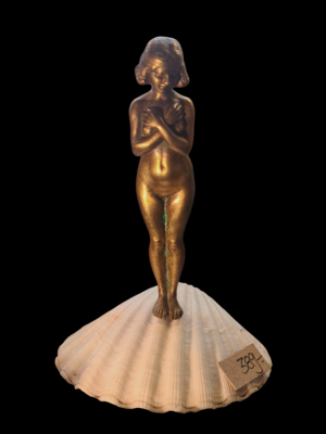Brązowa figurka secesyjna - bogini Wenus stojąca na muszli, detaliczny odlew z początku XX wieku