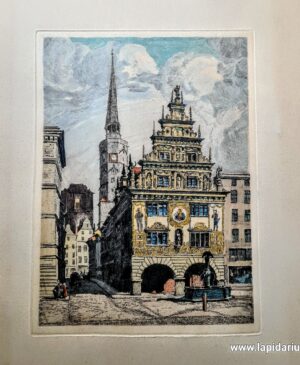 Grafika z ręcznym podmalowaniem akwarelą przedstawiająca Nysę na Dolnym Śląsku z około 1930 roku, oprawiona w drewnianą ramę.