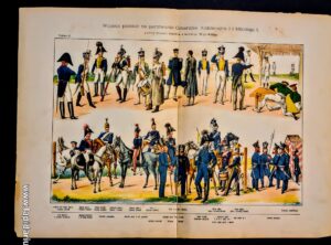 Historyczna grafika z umundurowaniem Wojska Polskiego z pierwszej połowy XIX wieku, piechota, kawaleria, kadet.