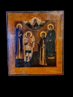 Zabytkowa ikona prawosławna - Chrystus z aniołami i czterema świętymi, malowana temperą na drewnie, styl bizantyjsko-ruski