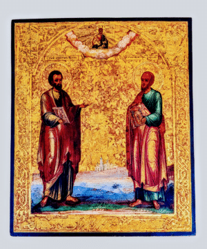 Ikona prawosławna na złoconym tle z wizerunkiem Świętych Apostołów Piotra i Pawła