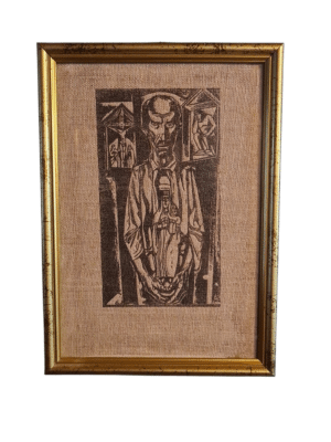 Niewielki, czarno-biały linoryt na tkaninie sygnowany przez artystę Kulisiewicza, polska grafika artystyczna XX wieku