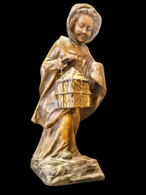 Antyczna lampa dekoracyjna z metalową figurą kobiety, USA początek XX wieku, styl secesyjny