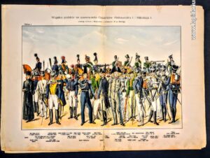 Litografia historyczna przedstawiająca umundurowanie Wojska Polskiego z okresu Królestwa Kongresowego (1815-1830), oficerowie, piechota, artyleria.