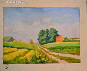 Obraz olejny na płycie przedstawiający sielski widok tradycyjnej polskiej wsi z domami i przyrodą.