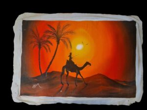 Sygnowany obraz olejny przedstawiający krajobraz tunezyjskiej pustyni, namalowany w XX wieku.