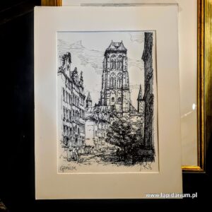 Obraz techniką mieszaną inspirowany Gdańskiem z 2026 roku, oprawiony w ciemną drewnianą ramę, format A4.