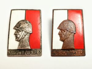 Odznaka Wzorowy Żołnierz z okresu PRL, metal z emalią, widok frontowy na ciemnym tle.