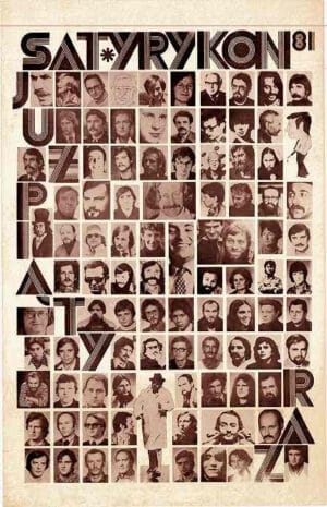 Oryginalny plakat festiwalu Satyrykon z 1981 roku z fotografiami polskich rysowników satyrycznych czasów PRL