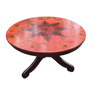 Polski owalny stół z XVIII wieku zdobiony intarsją, blat o średnicy 110 cm