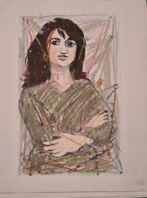 Portret dziewczyny, rysunek kredką i tuszem autorstwa Świątkowskiego, sztuka XX wieku