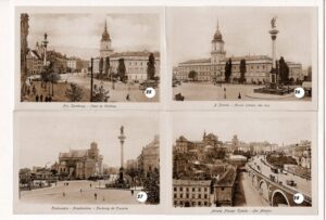 Reprodukcja dawnej pocztówki z widokiem Warszawy z około 1900 roku, wydrukowana na grubym papierze kredowym w formacie A3.