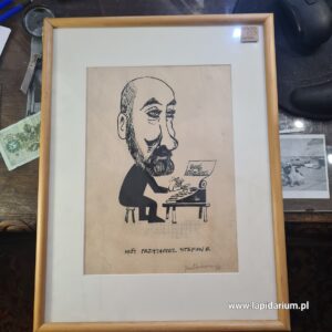 Oryginalny rysunek Jacka Fedorowicza z 1984 roku z dedykacją, przedstawiający Zygmunta Bratkowskiego, oprawiony w drewnianą ramę.