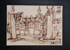 Oryginalny rysunek tuszem autorstwa Ryszarda Natusiewicza przedstawiający architekturę Warszawy