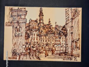 Rysunek tuszem autorstwa Ryszarda Natusiewicza, nauczyciela polskich architektów, przedstawiający studium architektoniczne lub motyw miejski.