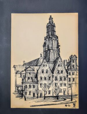 Oryginalny rysunek węglem autorstwa Ryszarda Natusiewicza przedstawiający architekturę Warszawy, format A3.