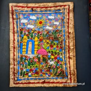 Stary ręcznie malowany meksykański obraz na korze amate z barwną sceną ludową, oprawiony w drewnianą ramę.