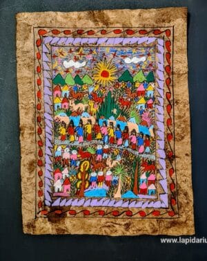 Stary ręcznie malowany meksykański obraz na korze amate z barwną sceną ludową, oprawiony w drewnianą ramę.