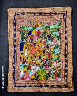 Stary ręcznie malowany obraz na korze amate z Meksyku, przedstawiający barwną scenę ludową w drewnianej ramie.