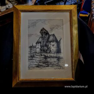 Obraz przedstawiający Żuraw Gdański, wykonany techniką mieszaną, oprawiony w drewnianą ramę, sygnowany K. 2026