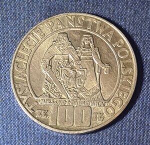 Srebrna moneta 100 złotych z 1966 roku, rewers - profile Mieszka I i Dobrawy, srebro Ag900
