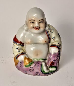 Porcelanowa figurka śmiejącego się Buddy Budai Hotei z XX wieku, ręcznie malowana, symbol szczęścia i dobrobytu.
