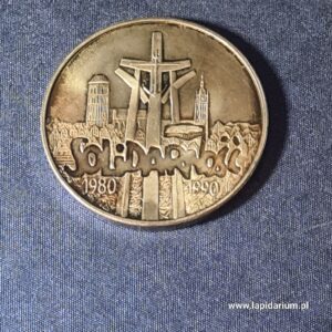 Srebrna moneta 100 000 zł 1990 z okazji 10-lecia NSZZ Solidarność – awers i rewers, srebro próby 999.