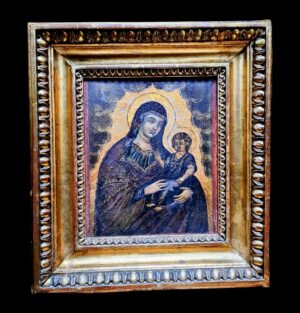 Ikona Matki Boskiej z Jezusem w stylu bizantyjskim, tempera na drewnie, bogata rama