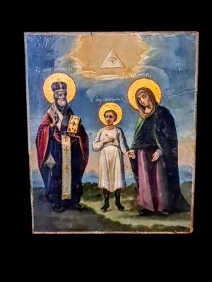 Ikona prawosławna z XIX wieku przedstawiająca Świętego Mikołaja, Cyryla i Matkę Boską, tempera na desce z Okiem Opatrzności.