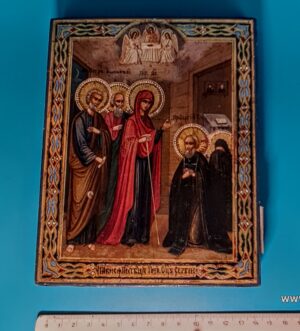 XIX-wieczna rosyjska ikona – Objawienie Matki Bożej św. Sergiuszowi z Radoneża, tempera na desce ze złoceniami