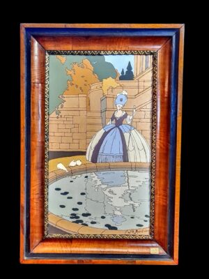 Obraz Dama przy fontannie Stanisława Arcimowicza, olej relief Art Deco w ramie z epoki